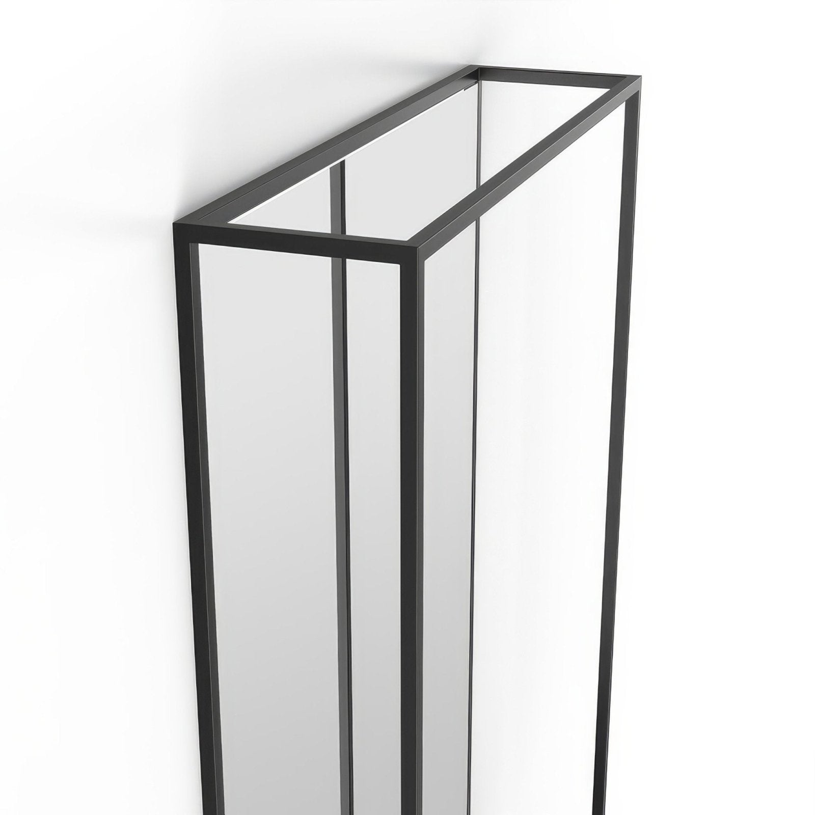 Black-framed rectangular shower enclosure with clear glass panels shown with docklands mirror with shelf 50x80cm in black