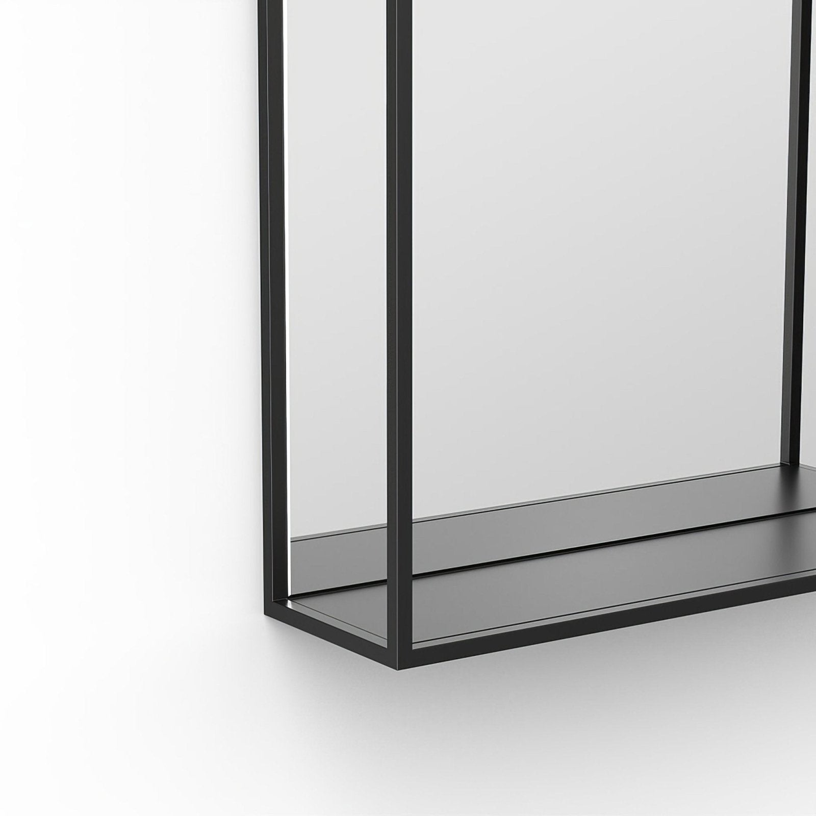 Black metal-framed Docklands mirror with shelf 50x80cm featuring a sleek minimalist design and reflective glass surface