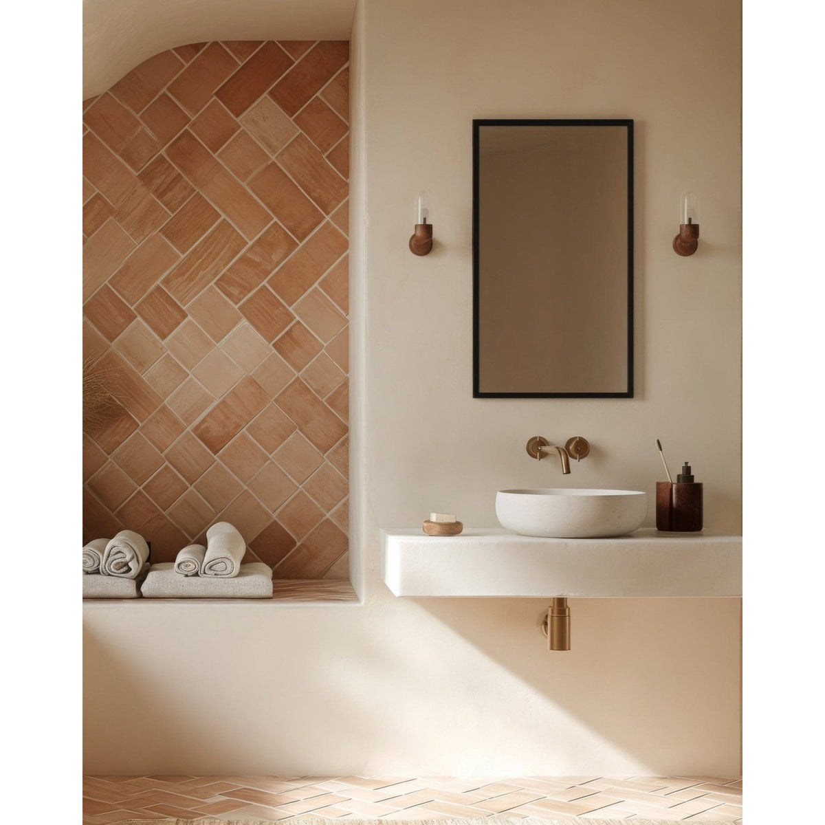 Docklands rectangular mirror 50x80cm black with white ceramic vessel sink and brushed brass faucet fixtures in modern design