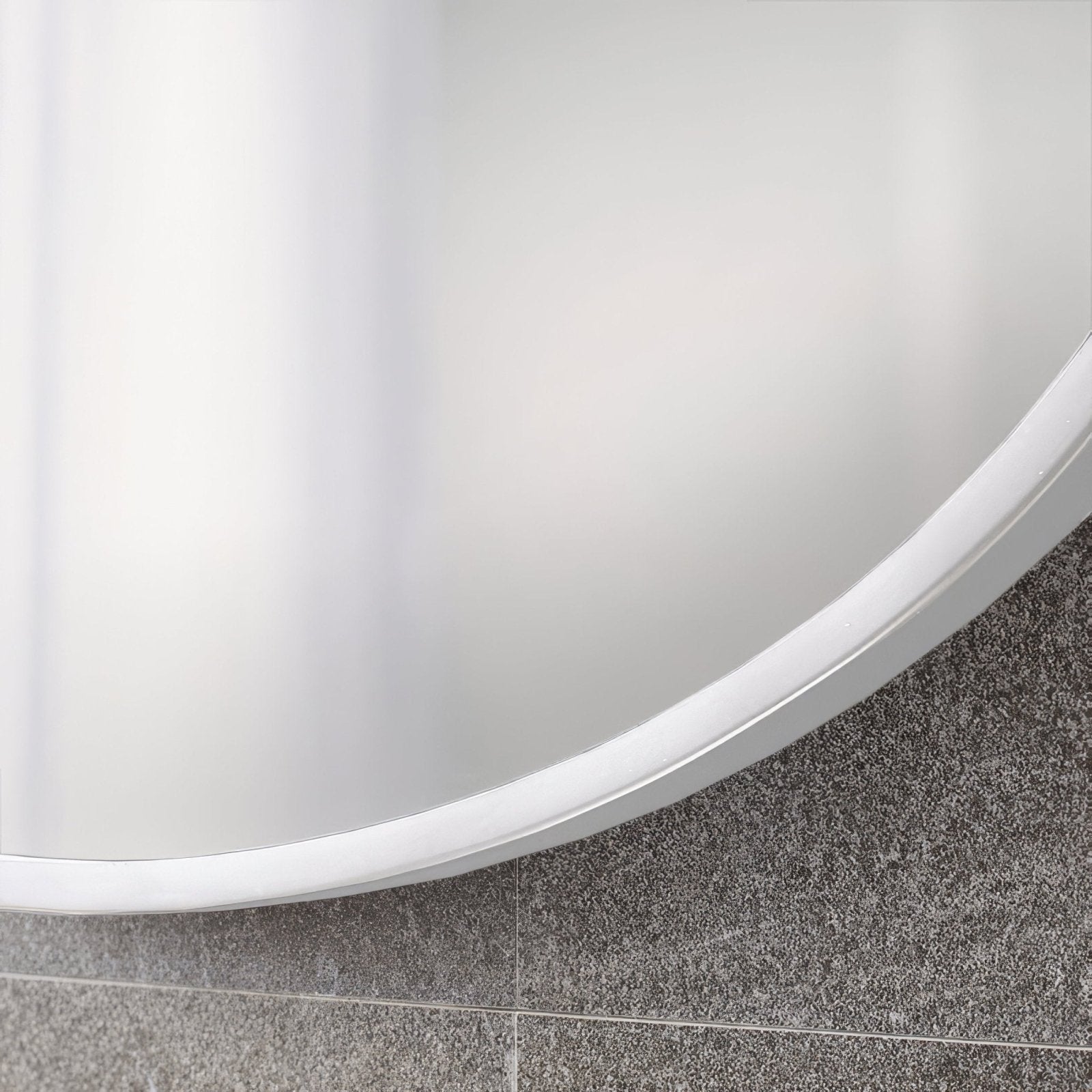 A sleek docklands round mirror 80cm with a curved white frame and frosted glass surface for modern decor