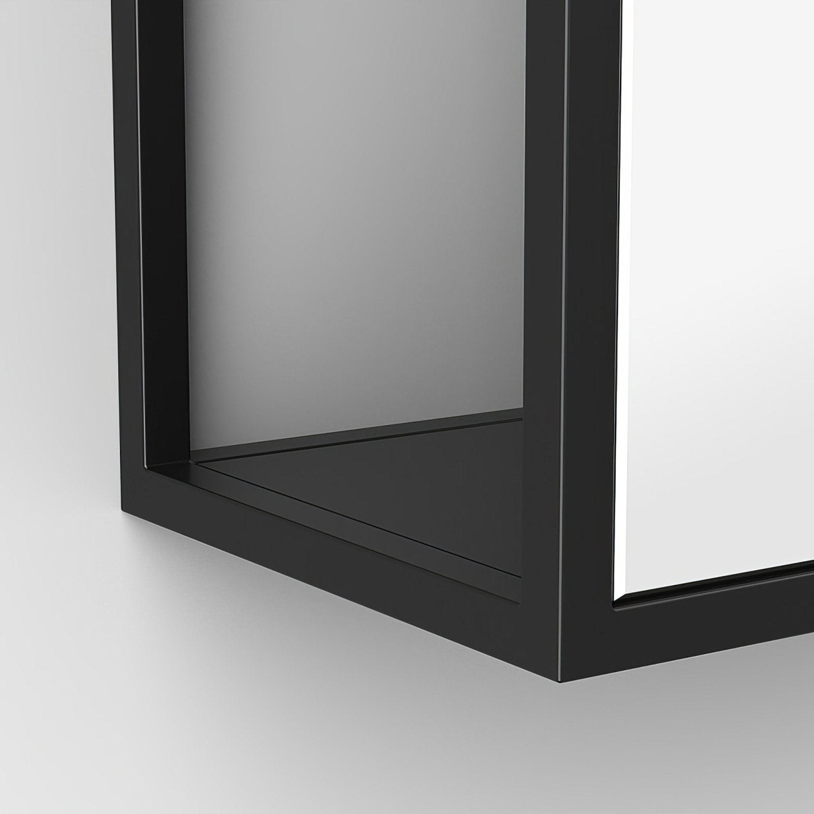 Black framed dockside mirror with open shelving 140x30cm featuring sleek minimalist design and glossy finish