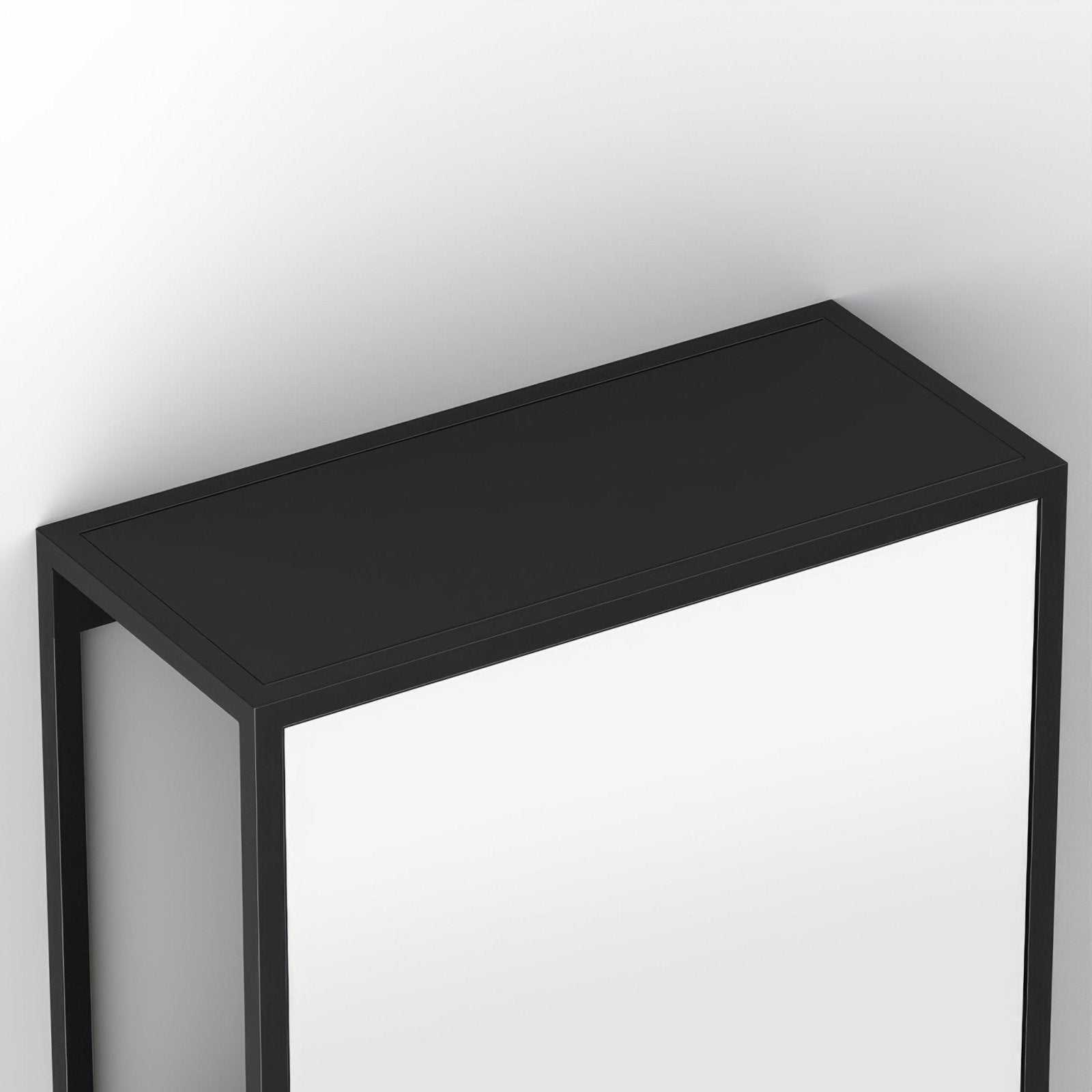 Black metal-framed console table with mirrored front panel and open shelving dockside mirror 140x30cm in black