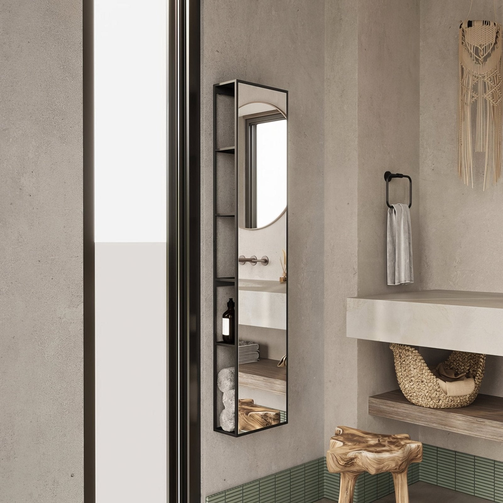 Black-framed dockside mirror with integrated open shelving units in black metal for vertical wall display