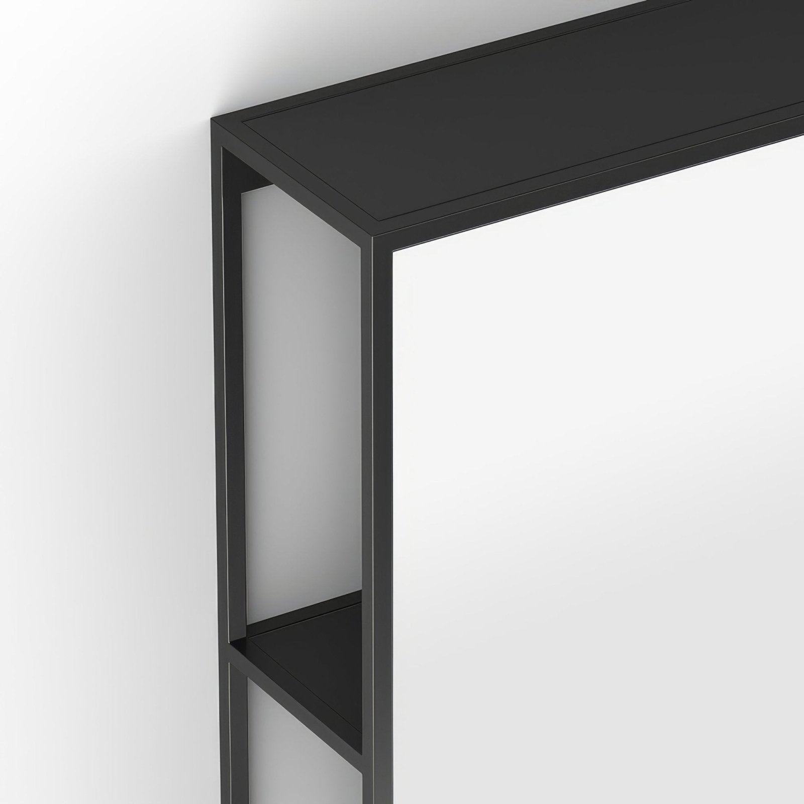 Black metal dockside mirror with open shelving featuring a clean minimalist design and two visible tiers in black