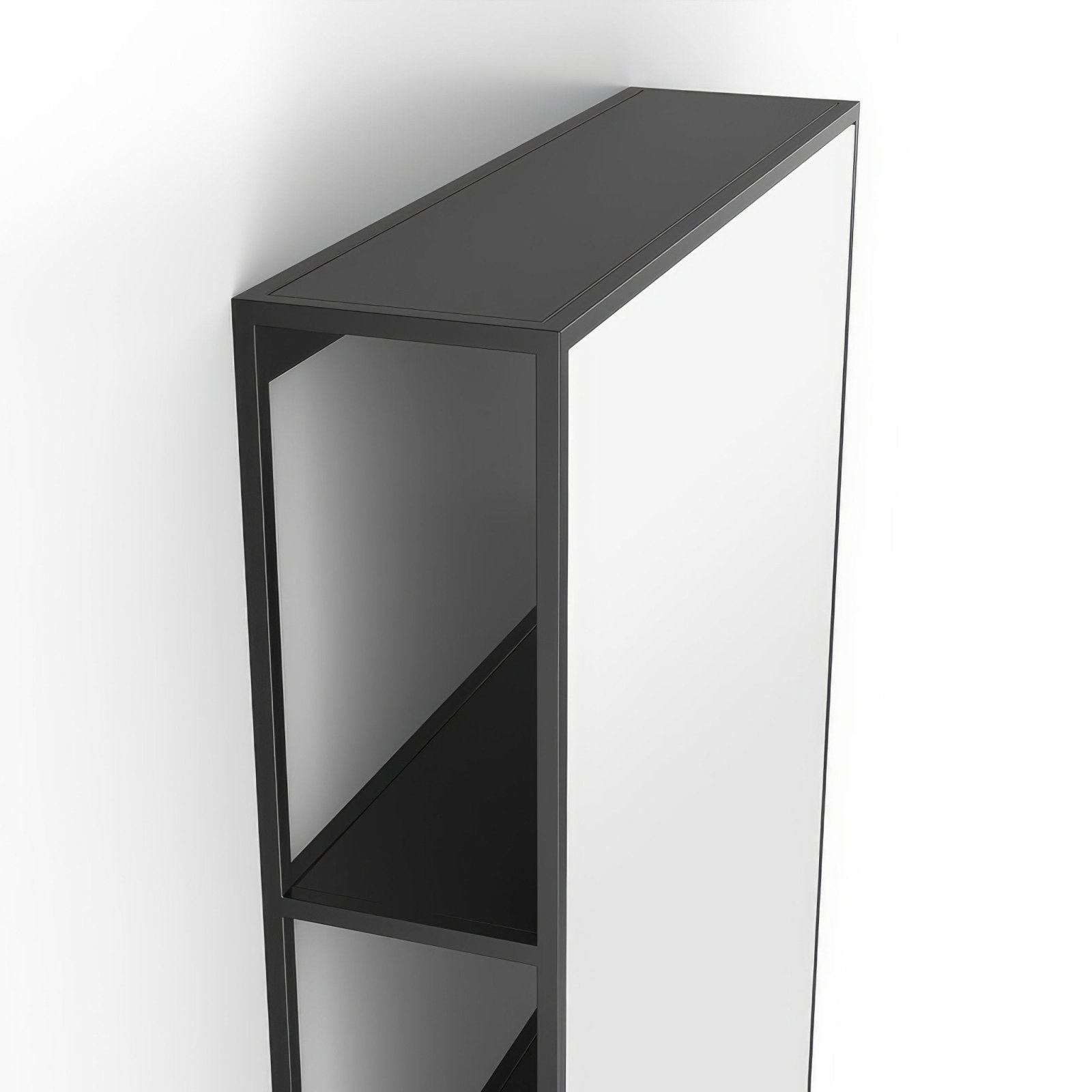 Black-framed mirrored wall shelf dockside mirror with open shelving 50 featuring two open shelves for storage