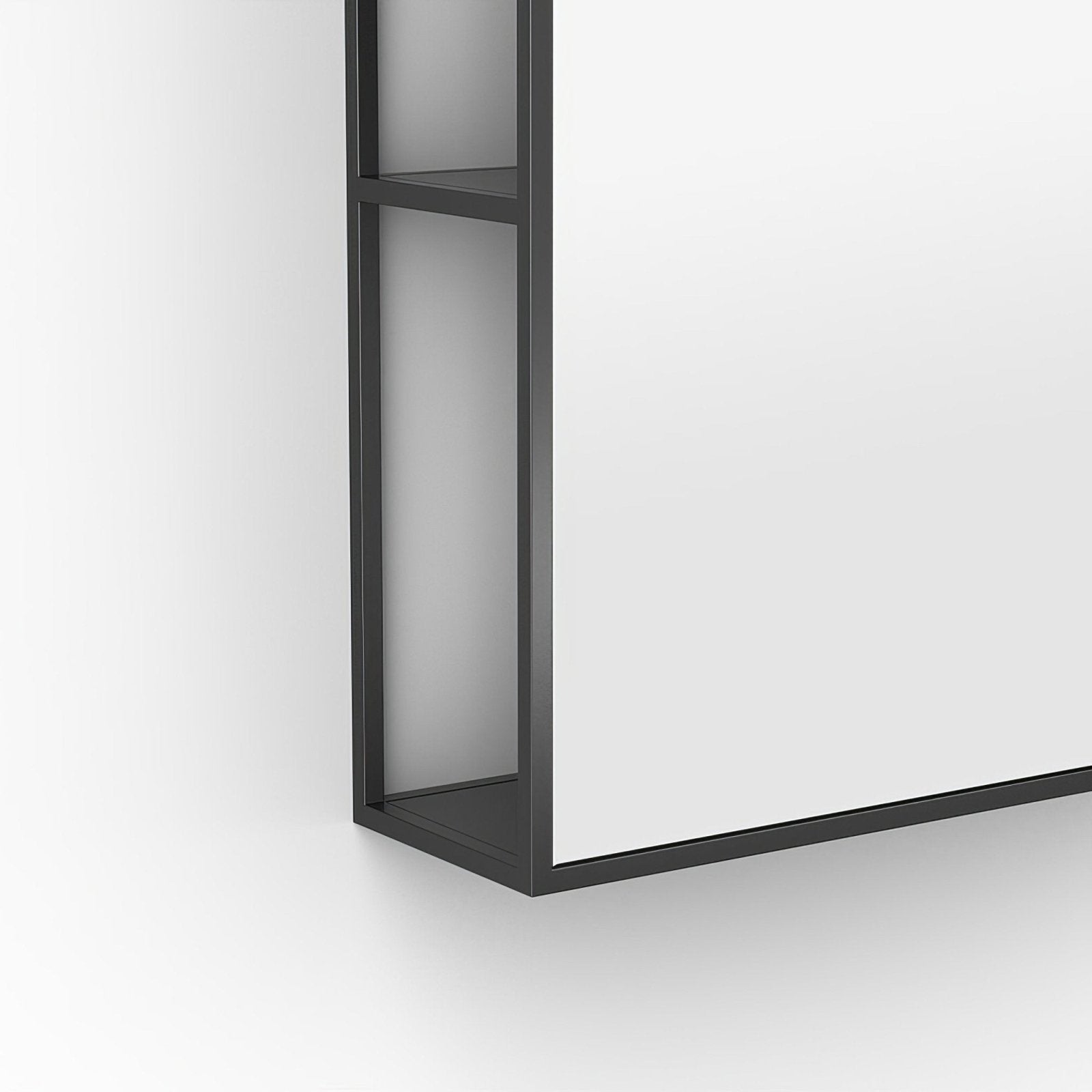 Dockside mirror with open shelving 50 black metal frame with white glossy minimalist surface and shelves