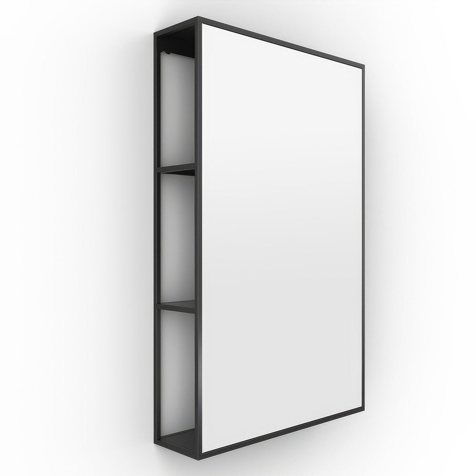 Modern black-framed wall-mounted medicine cabinet with mirrored door and three open shelves for bathroom storage