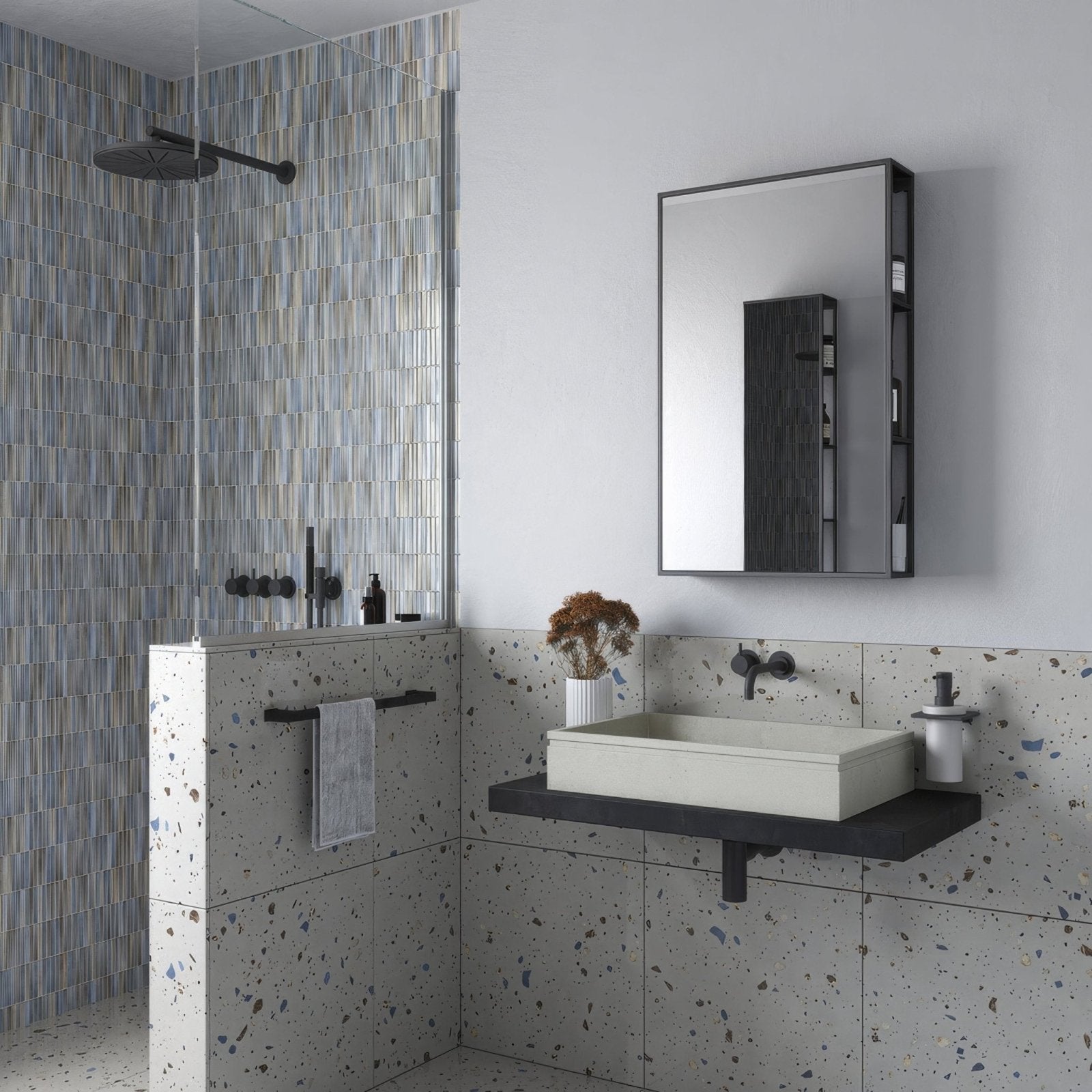White rectangular sink with black faucet on black countertop below dockside mirror with open shelving 50 black frame
