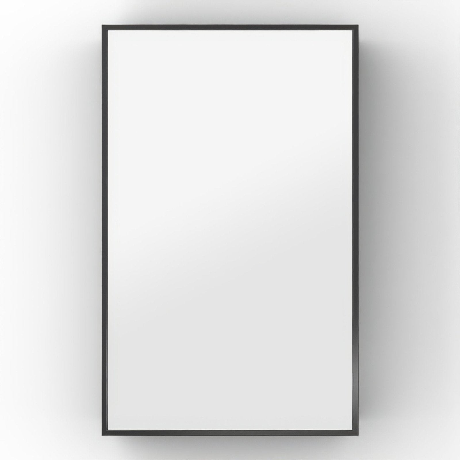 A sleek dockside mirror with open shelving featuring a minimalist black frame and smooth white reflective surface