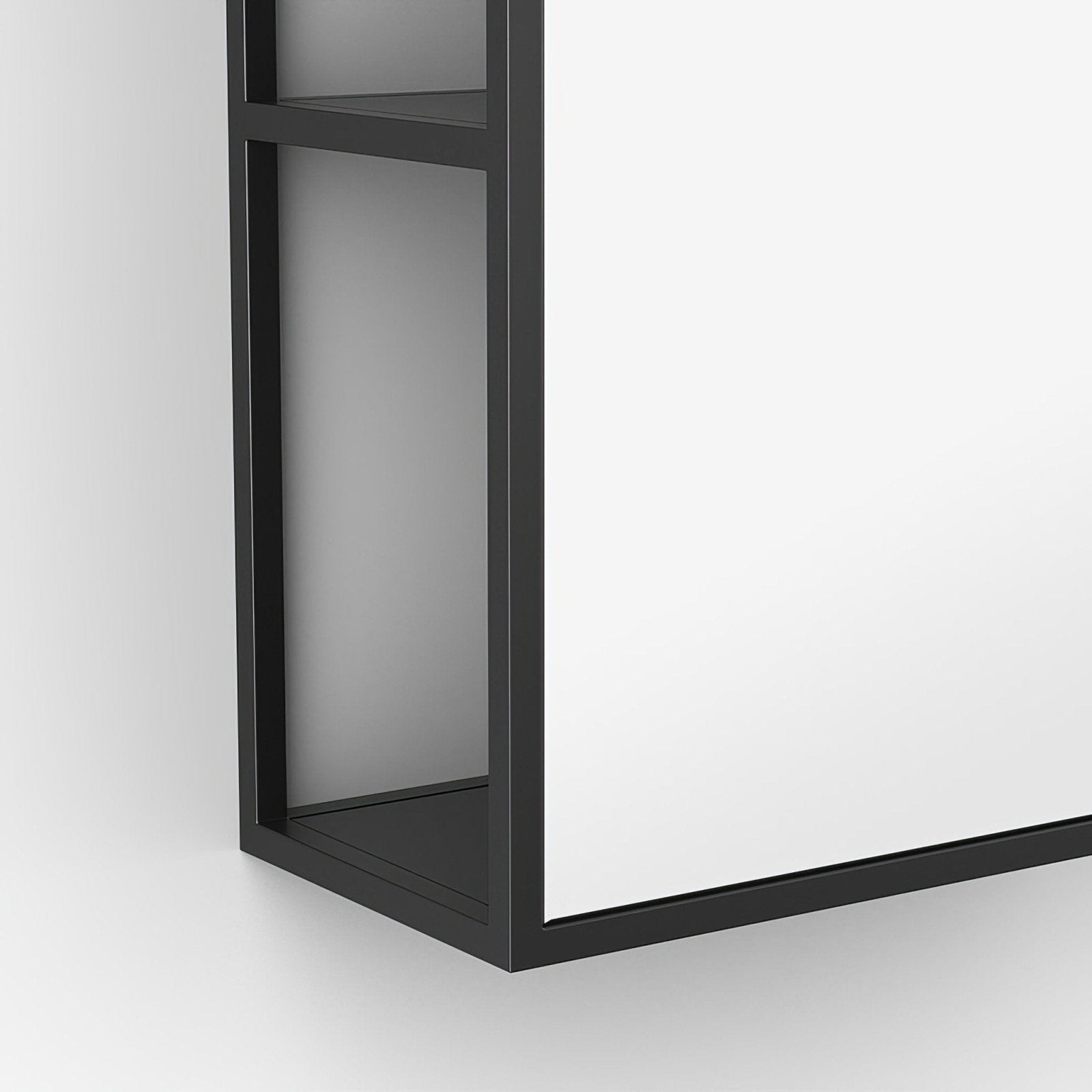 Black metal dockside mirror with open shelving featuring minimalist white paneling in 30x60cm size