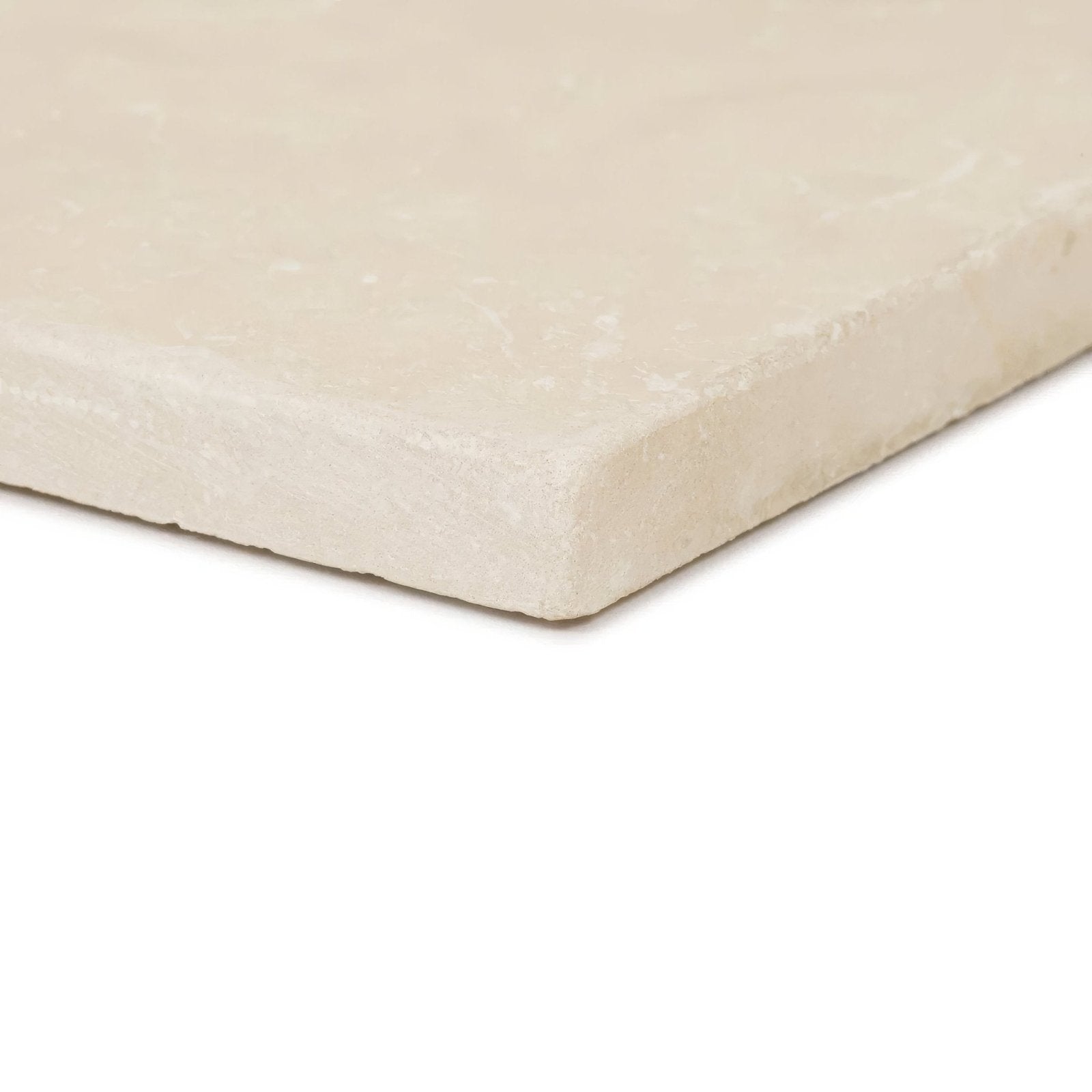Dorzano diamond sawn edge cream-colored textured stone tile with smooth slightly rough surface and rounded edges 40.6 x 40.6cm