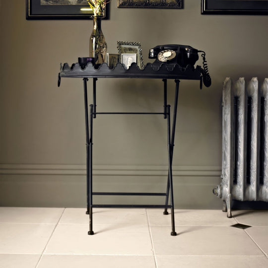 Black wrought iron side table dorzano tumbled 40.6 x 40.6cm with scalloped edge and slender legs