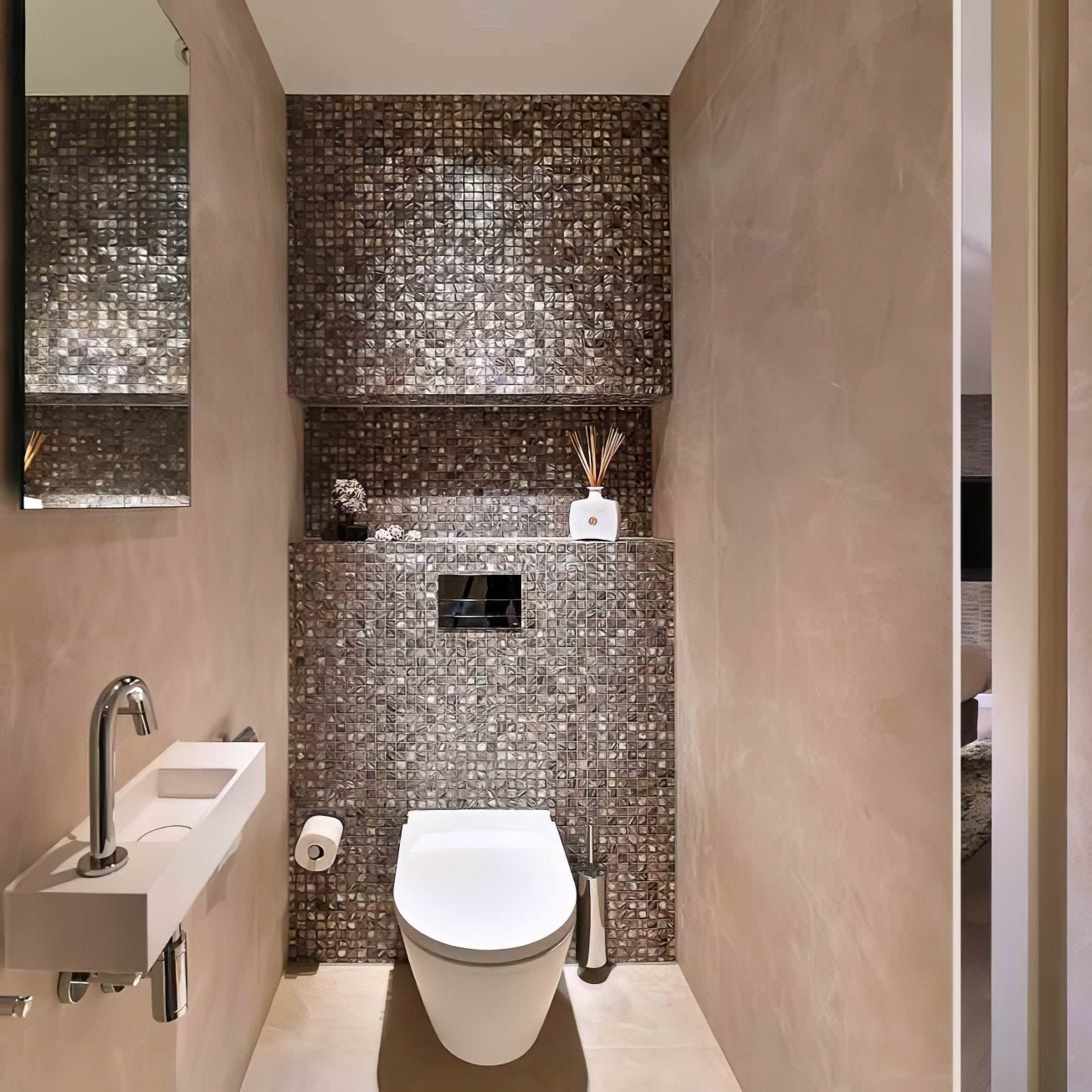 Modern white wall-mounted toilet with sleek minimalist design featuring dove grey 25mm square detailing