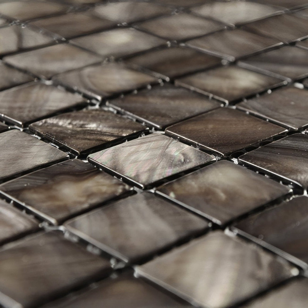 Dove grey 25mm square dark glossy mosaic tiles with iridescent sheen and natural veining for decorative use