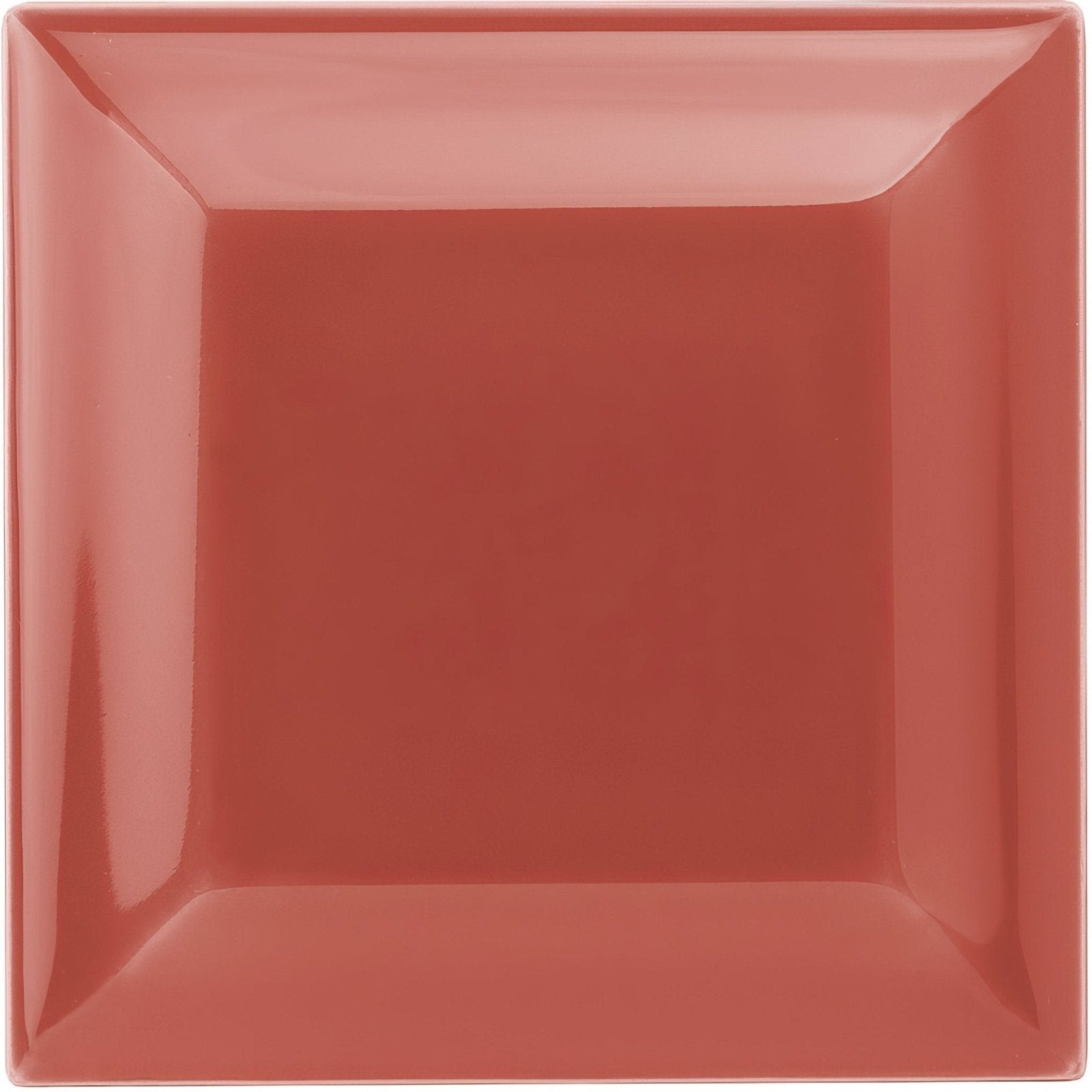 A square ceramic Duchy pink metro bevelled tile 75 x 75mm with glossy terracotta finish and slightly raised edges