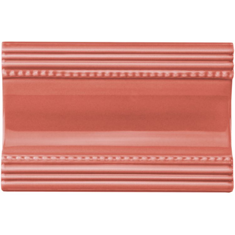 Duchy pink plain cornice coral-colored ceramic tile with glossy finish and decorative beaded ridges on edges