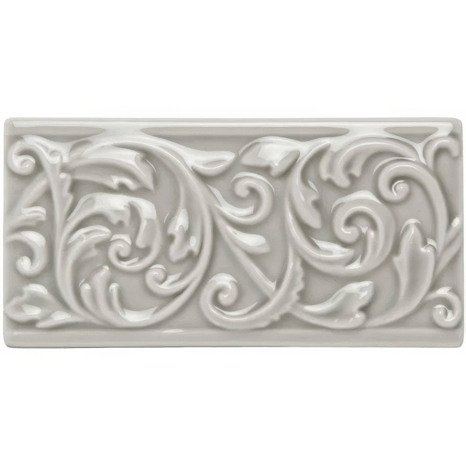 Dunwich Buckingham rectangular off-white ceramic tile with intricate raised floral and scrollwork design