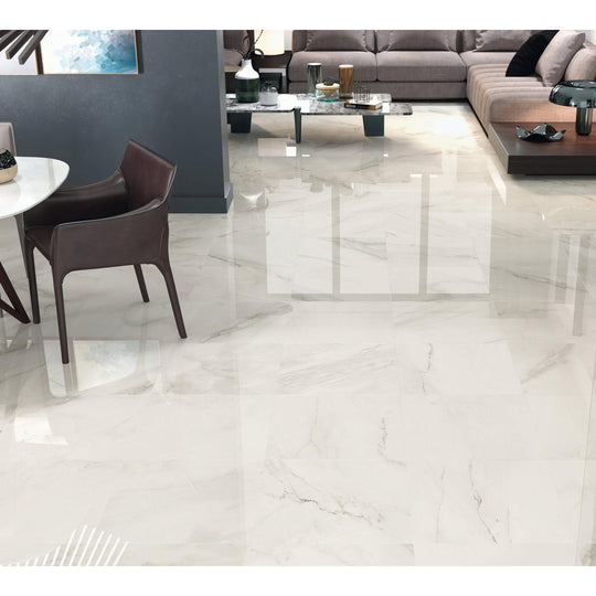 Duomo 1811 blanco polished white marble effect floor tiles with subtle gray veining and a polished finish