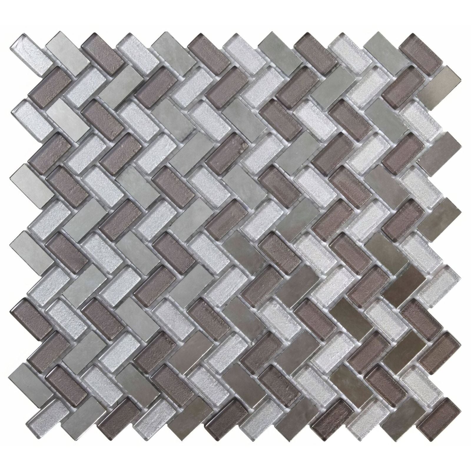 Dusk Grey Herringbone Mosaic grey and silver metallic glass tiles in a herringbone pattern