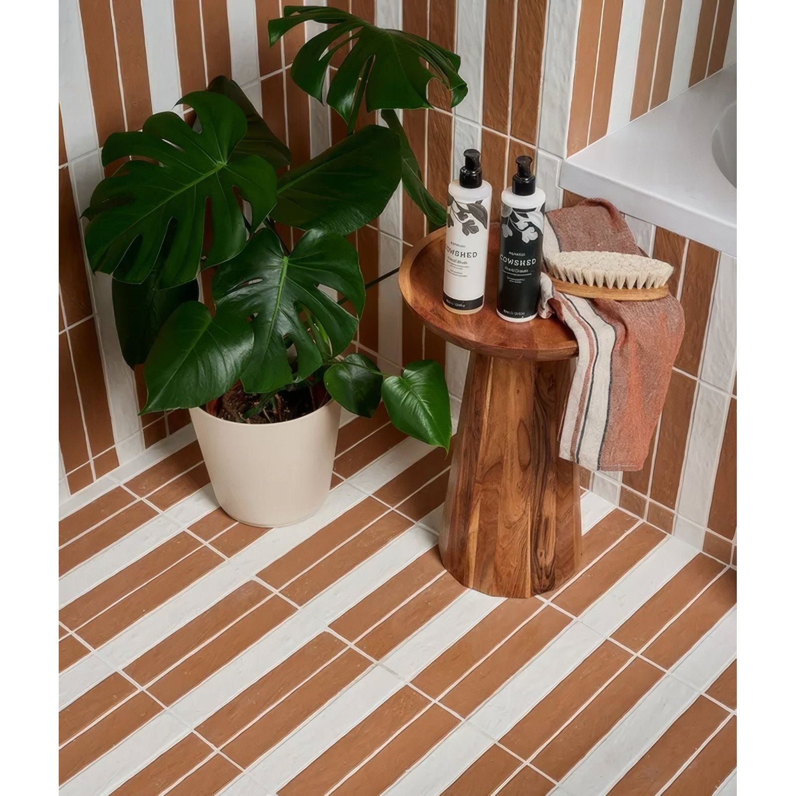 Wooden stool with natural rustic finish and smooth rounded edges for earthenware porcelain red clay use