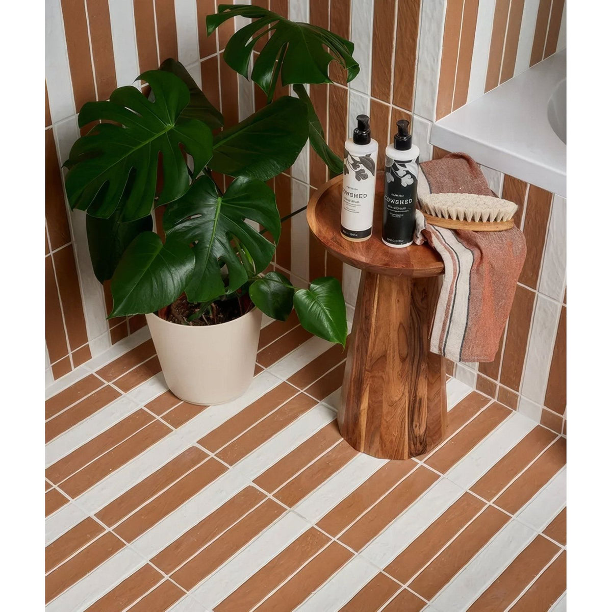 Wooden stool with natural rustic finish and smooth rounded edges for earthenware porcelain red clay use