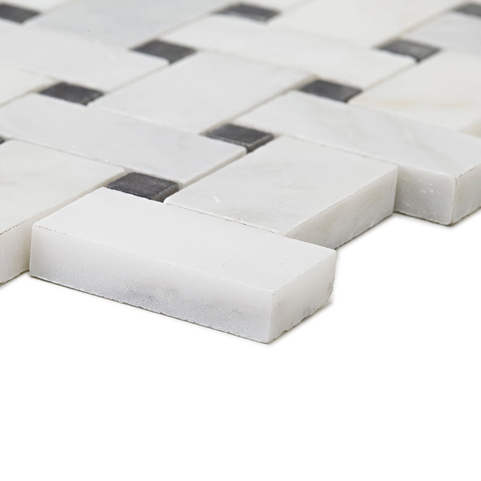 East hampton basketweave marble mosaic featuring white and black marble tiles in a woven pattern