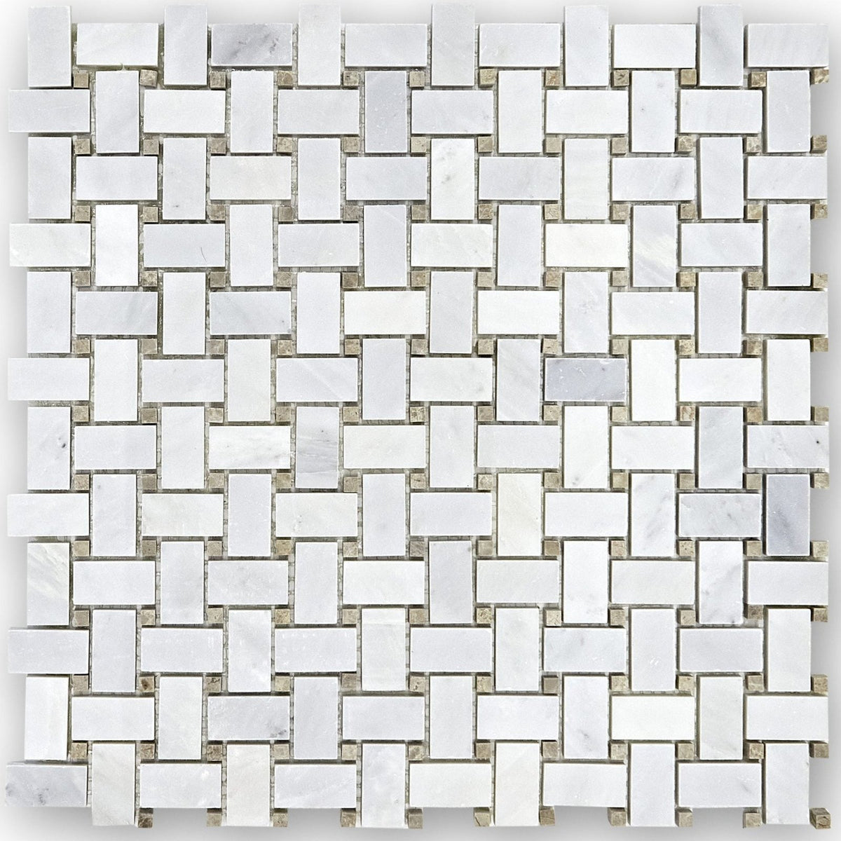 White marble mosaic tile in a woven basketweave pattern from east hampton emperador collection