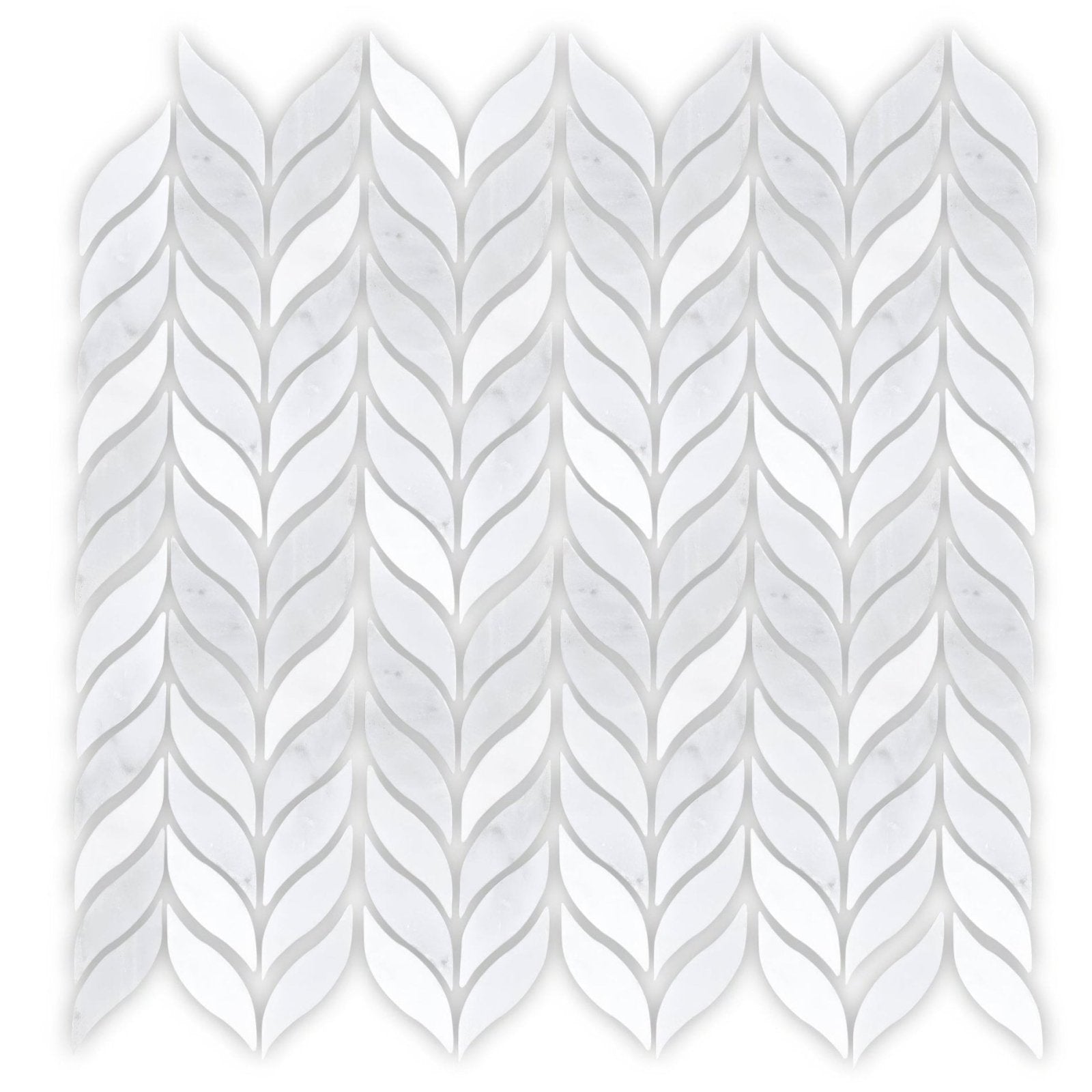 White marble mosaic tile with a leaf-like interlocking pattern from East Hampton Willow Leaf collection