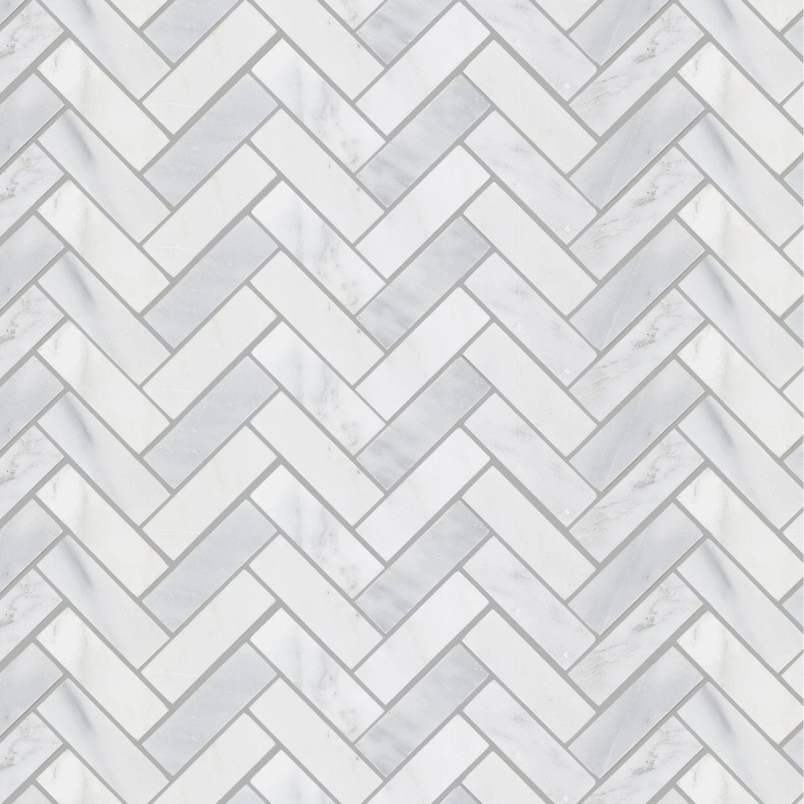 East Hampton Harbour View herringbone marble mosaic features white marble tiles arranged in a herringbone pattern