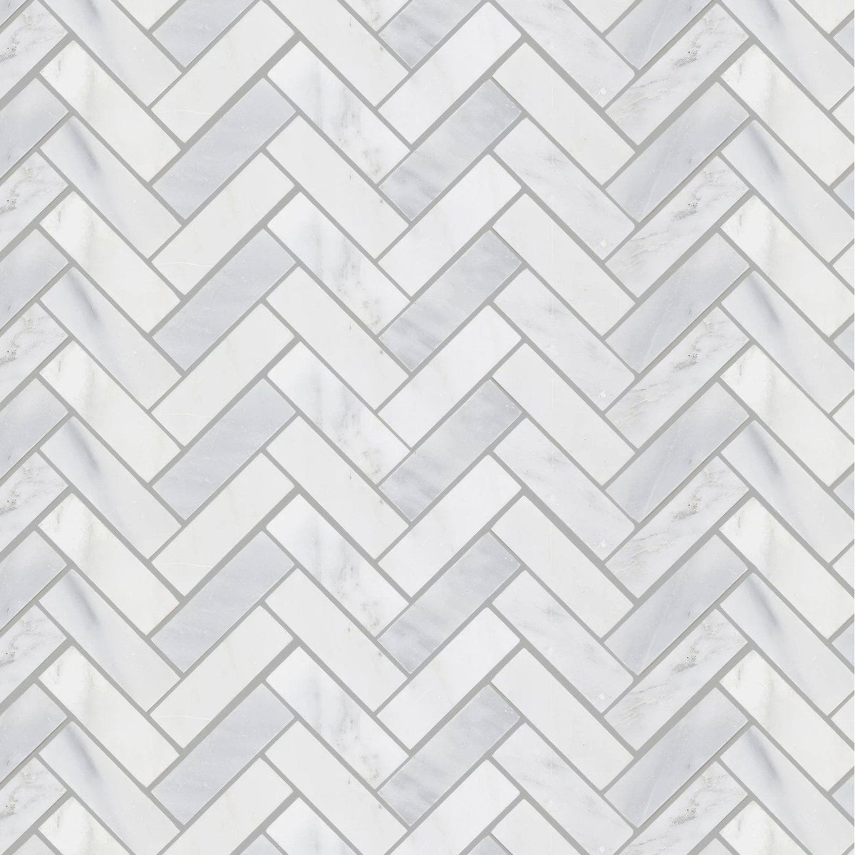 East Hampton Harbour View herringbone marble mosaic features white marble tiles arranged in a herringbone pattern