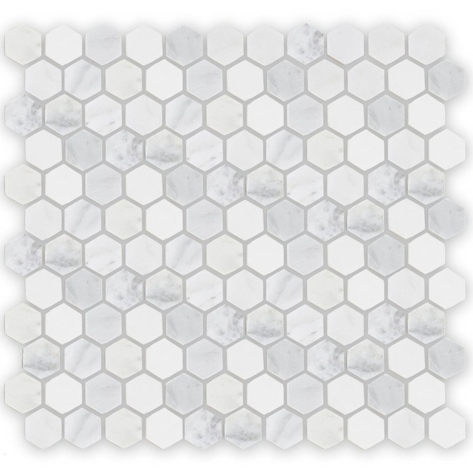 East Hampton hexagon marble mosaic tile featuring white hexagonal shapes with subtle gray veining for elegant surfaces