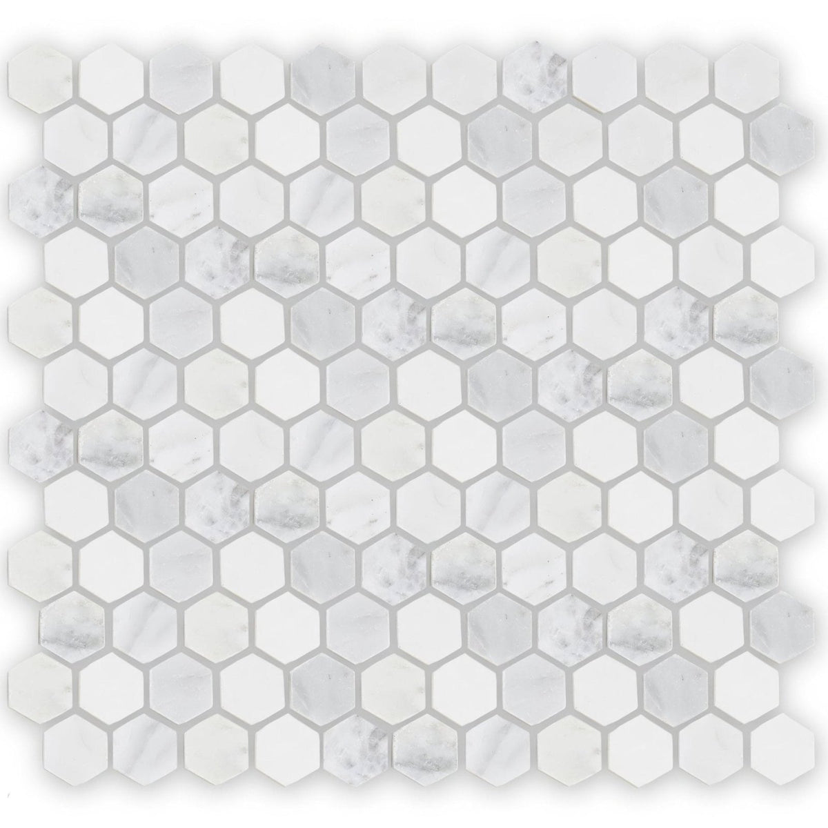 East Hampton hexagon marble mosaic tile featuring white hexagonal shapes with subtle gray veining for elegant surfaces