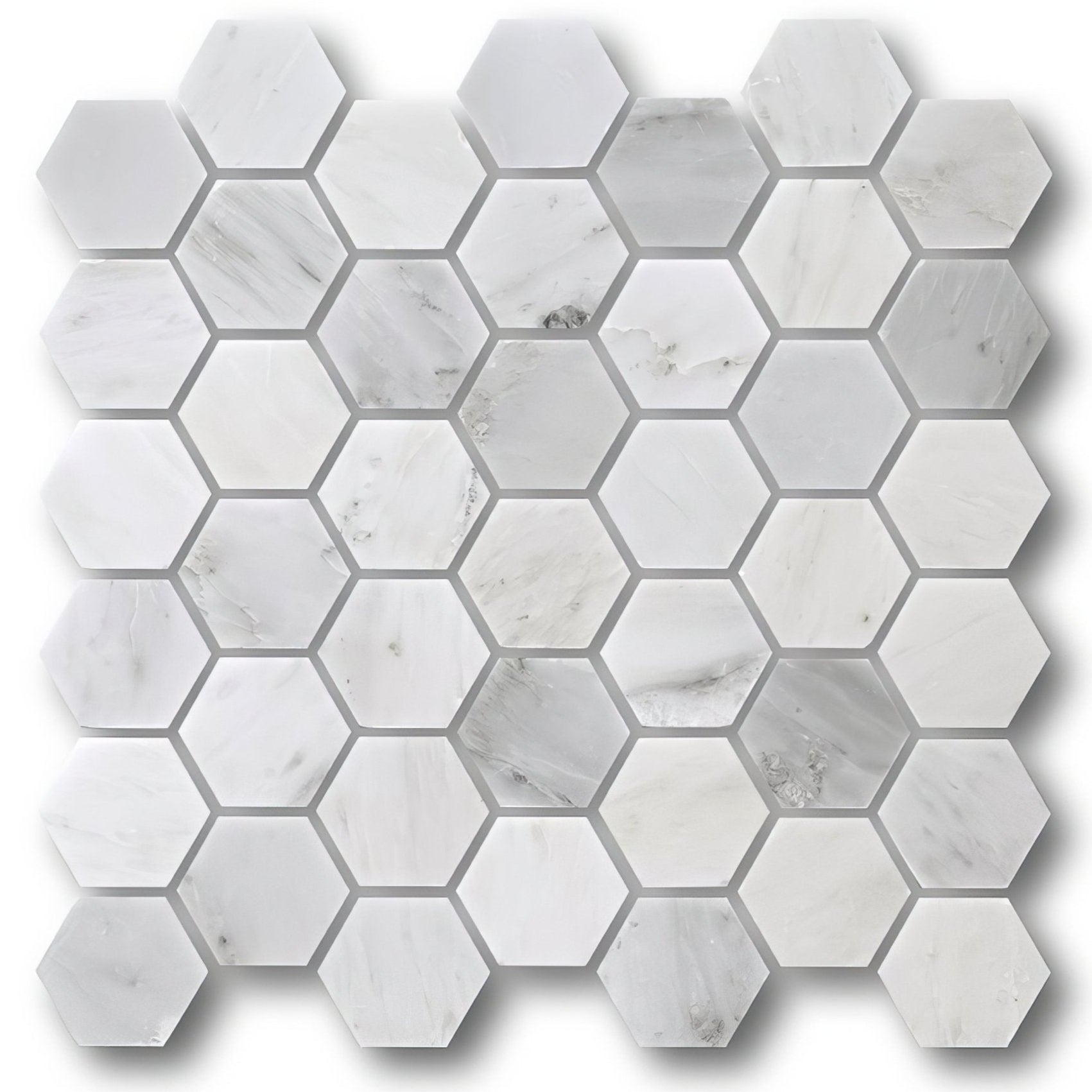 White hexagonal marble mosaic tiles with subtle gray veining for elegant wall and floor designs east hampton large hexagon
