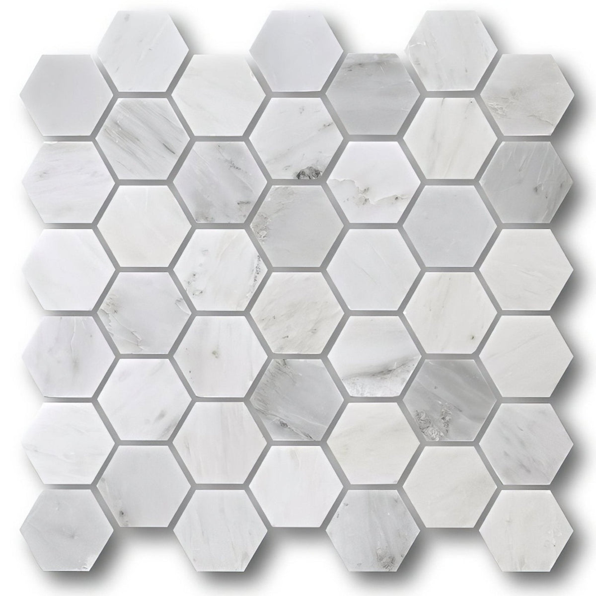 White hexagonal marble mosaic tiles with subtle gray veining for elegant wall and floor designs east hampton large hexagon