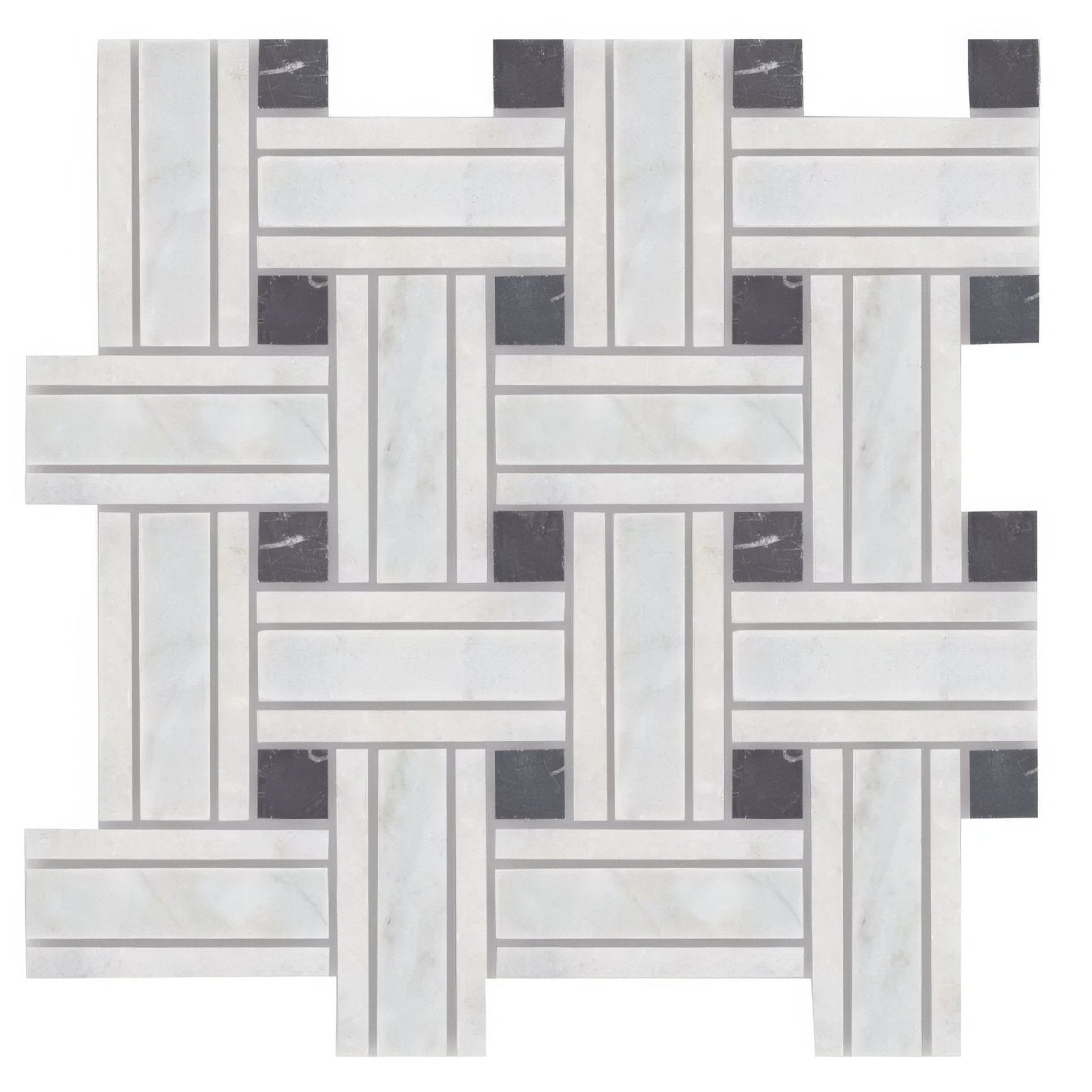 East Hampton lattice marble mosaic tile features a white and black marble basketweave pattern for elegant flooring