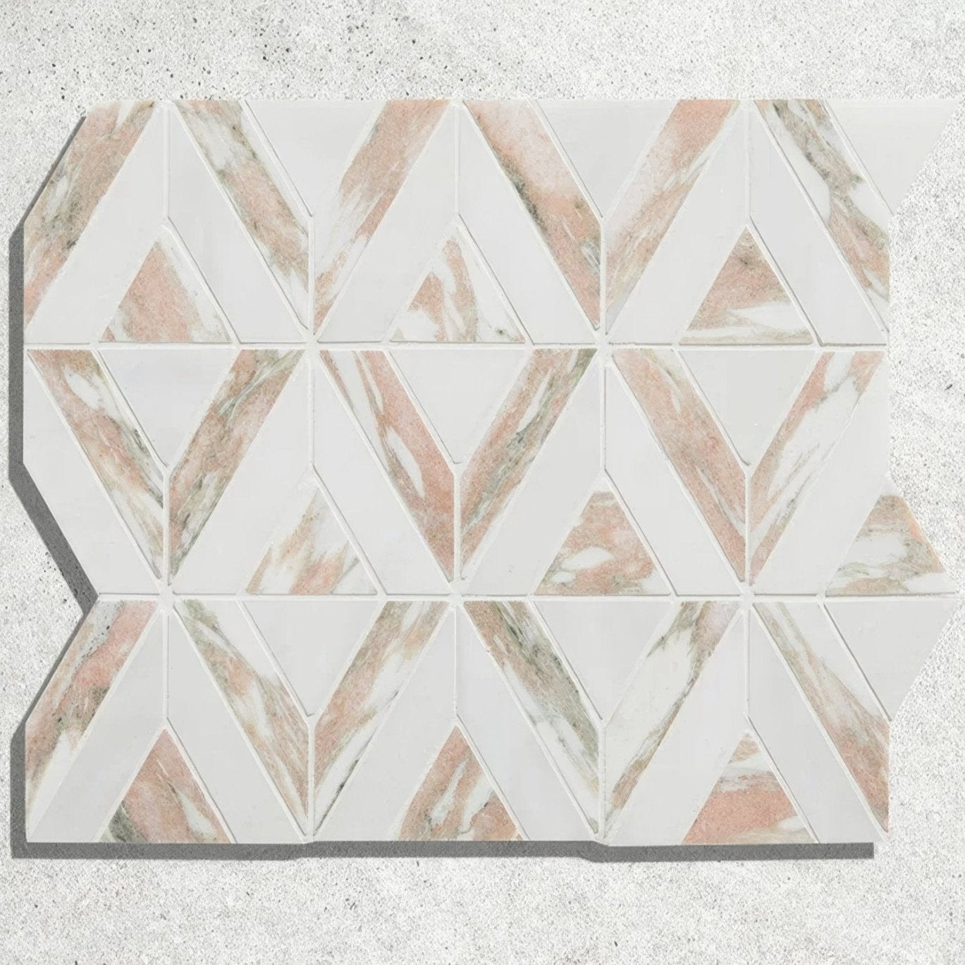 East java flamingo marble temple mosaic geometric tile panel with interlocking white and blush pink marble triangles