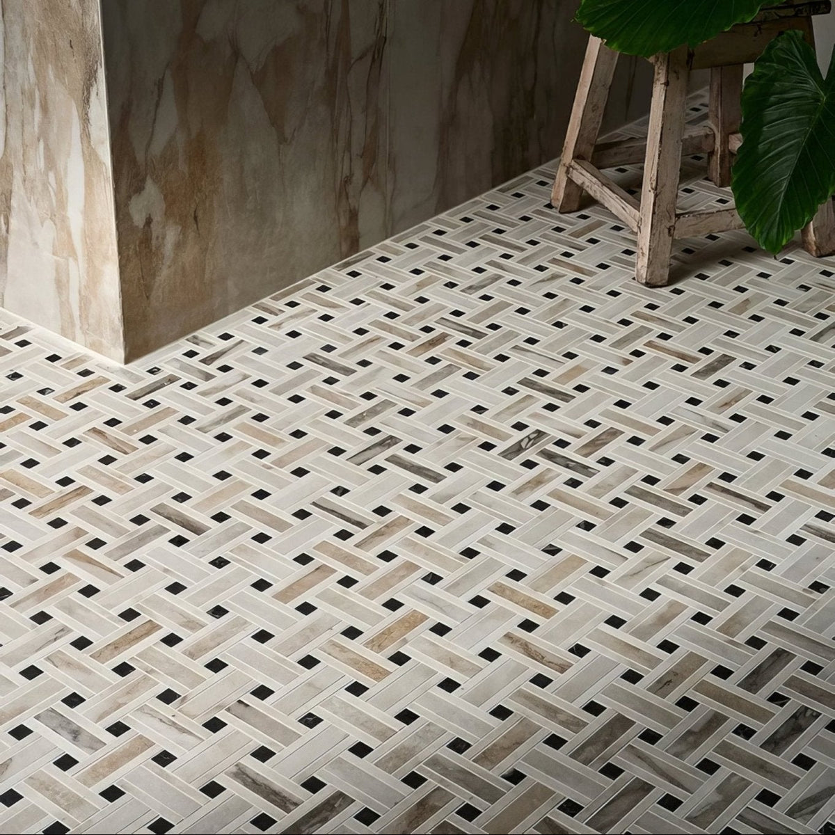 Beige and gray marble-effect porcelain basketweave mosaic tile with herringbone pattern accentuated by black squares