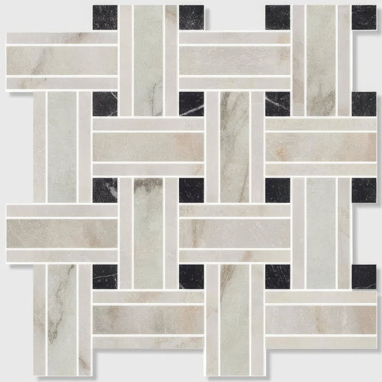 Gray and black marble porcelain basketweave mosaic tile with a woven pattern for flooring and walls