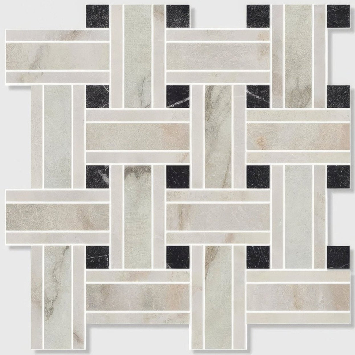Gray and black marble porcelain basketweave mosaic tile with a woven pattern for flooring and walls