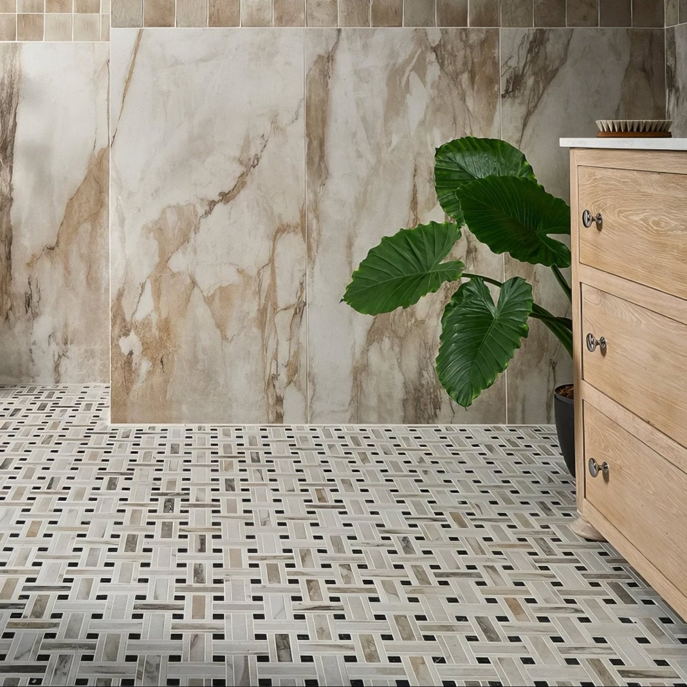 Beige and brown marble-effect porcelain wall tiles with subtle veining in east village basketweave mosaic oro design