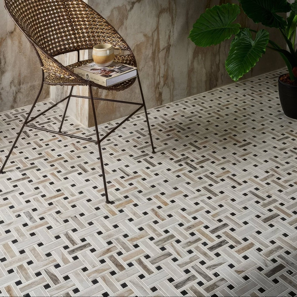 East Village Porcelain Basketweave Mosaic Oro beige and grey marble porcelain basketweave mosaic with a wicker chair