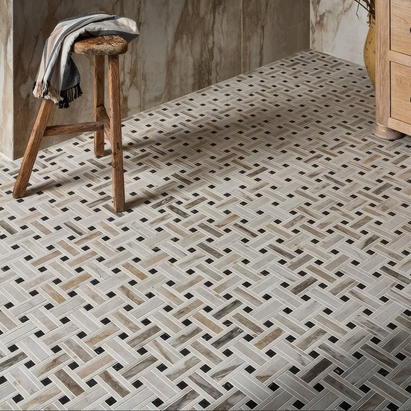 East Village porcelain basketweave mosaic tile floor with herringbone pattern in gray and black marble effect