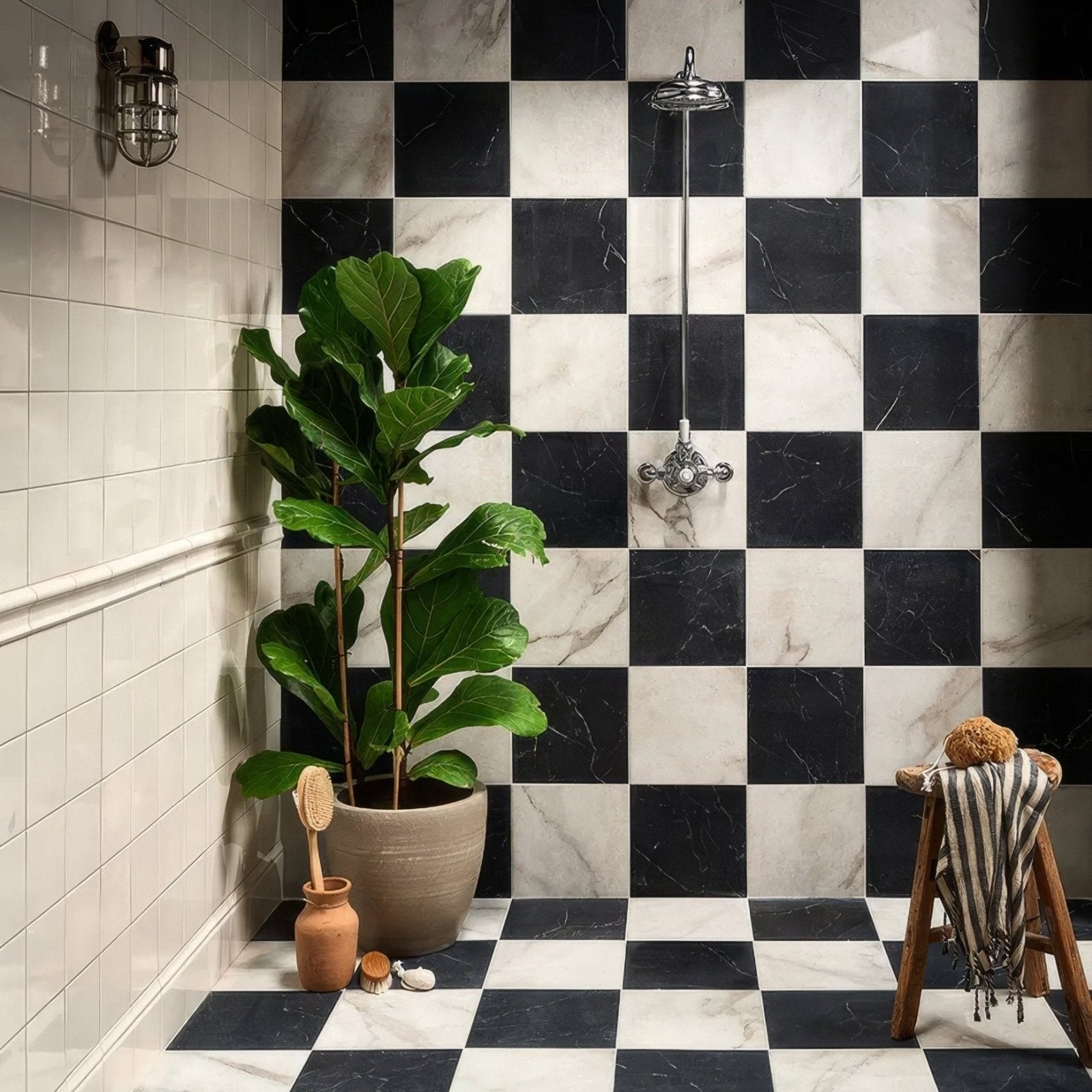 East Village Porcelain Bianco 30 x 30cm marble-effect porcelain flooring with a fiddle leaf fig in a grey pot