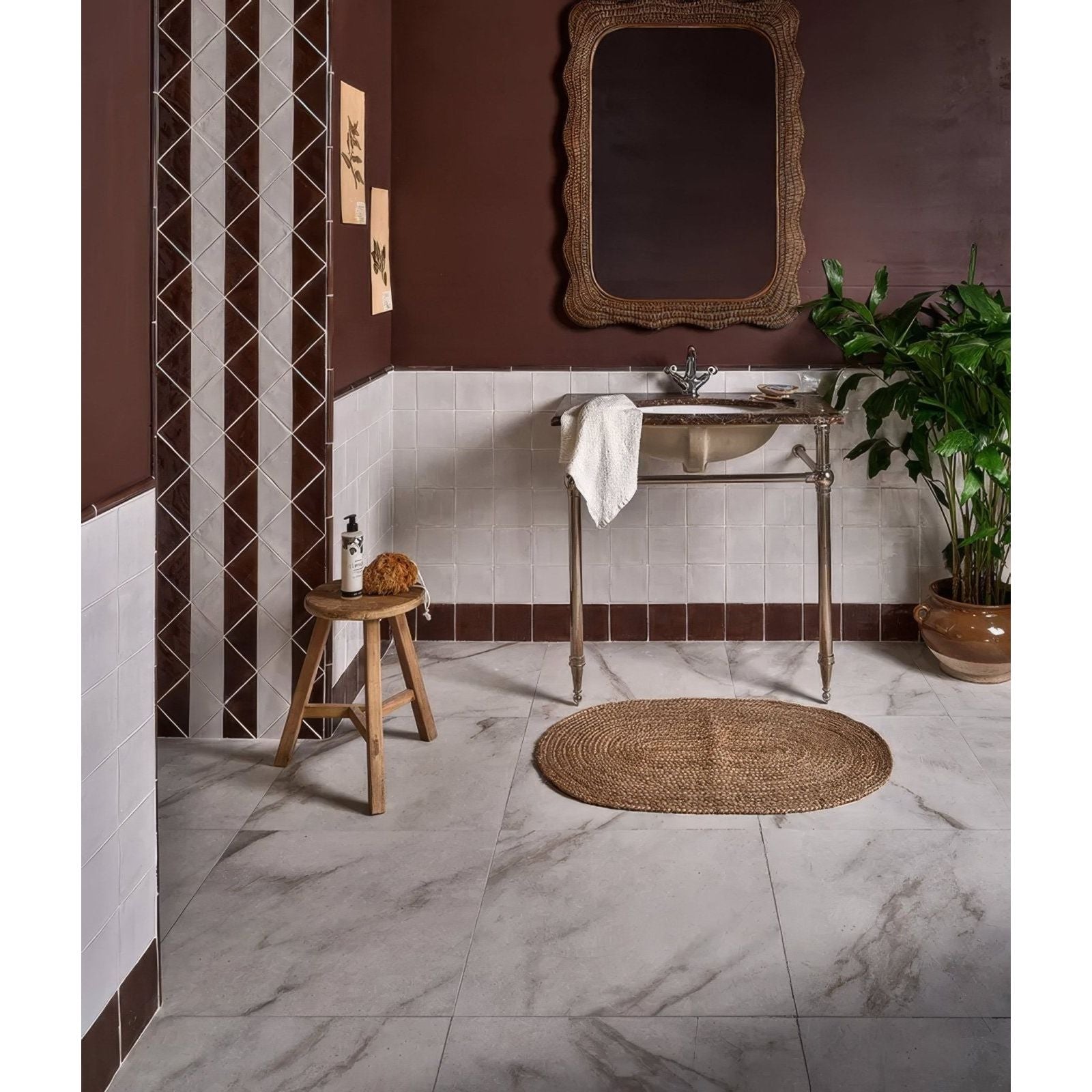 Marble-effect bathroom floor tiles east village porcelain bianco 60 x 120cm with subtle gray veining