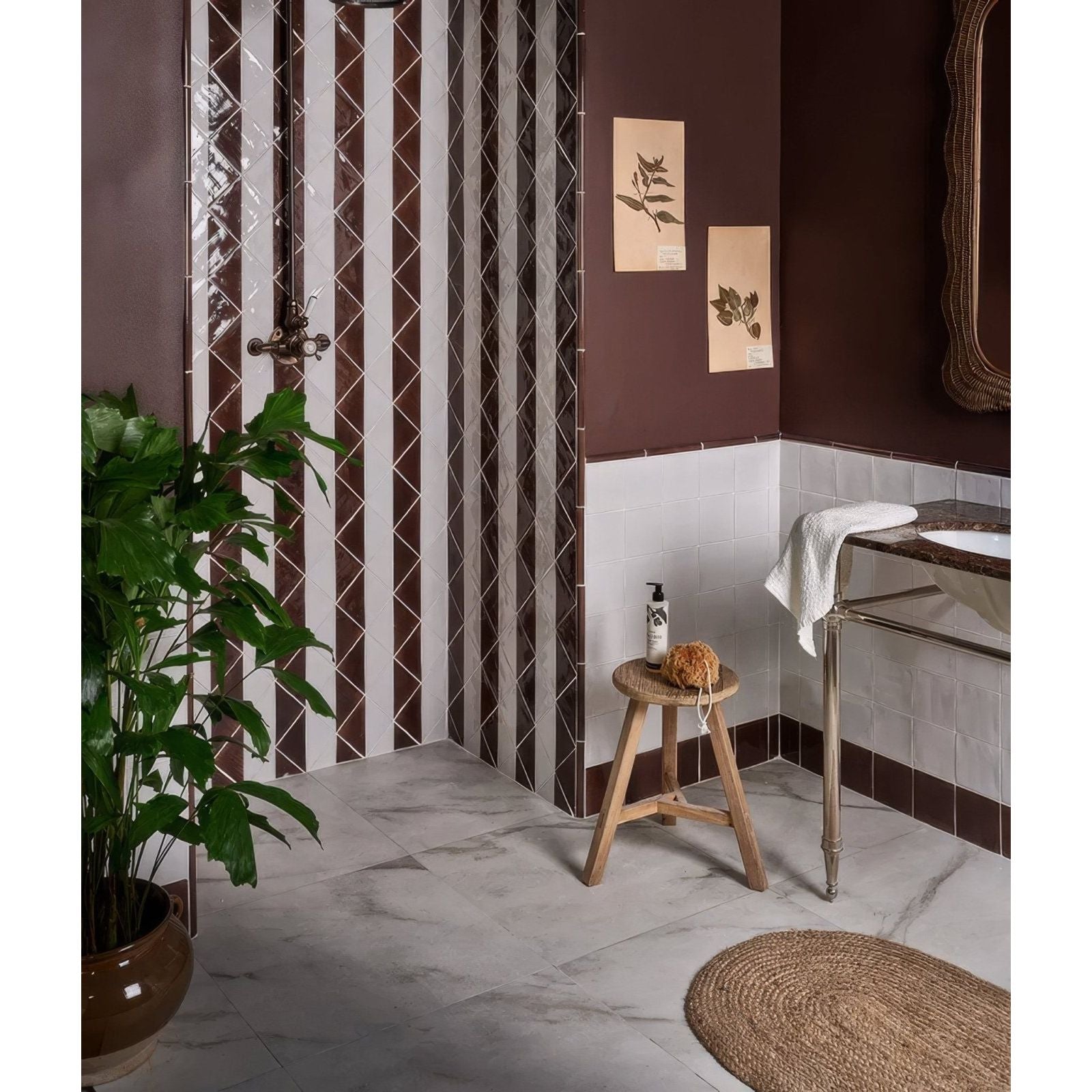 Brown and white striped mosaic tile wall panel made of porcelain east village bianco 60 x 120cm
