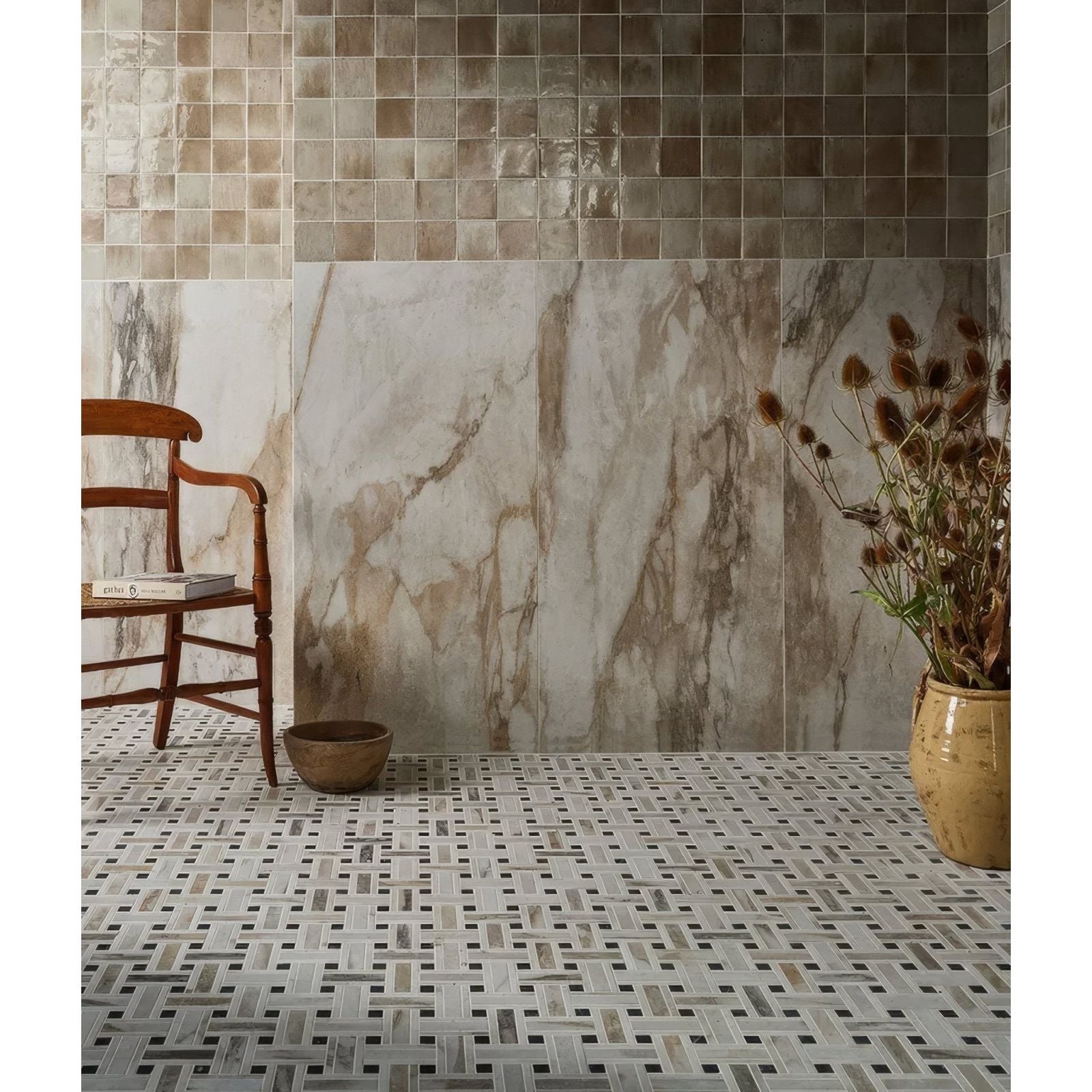 Beige and gray marble effect porcelain wall tiles with subtle sheen east village oro 60 x 120cm