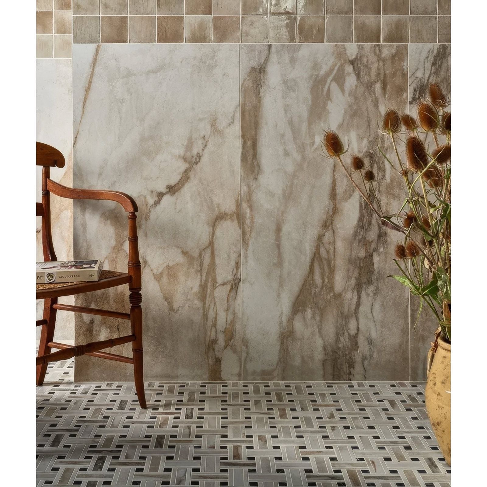 East Village porcelain wall tiles in beige and gray marble effect with natural veining 60 by 120 centimeters