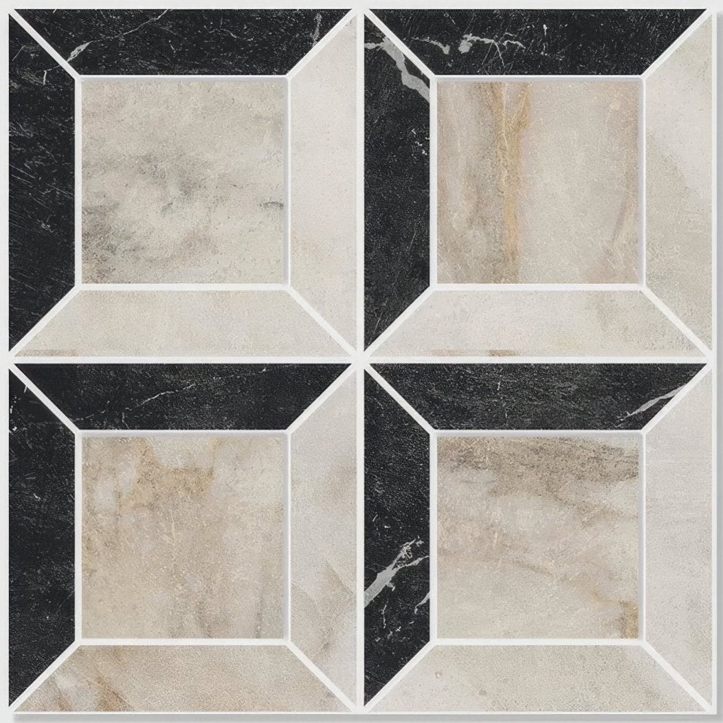 Black and beige marble geometric three-dimensional pattern on east village porcelain quadrant mosaic oro tile