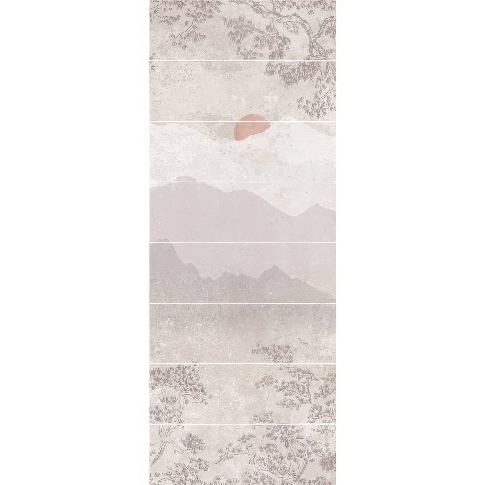 Eastern Mist decorative 8-tile set panel a features muted ceramic tiles with east Asian landscape design and soft gray tones