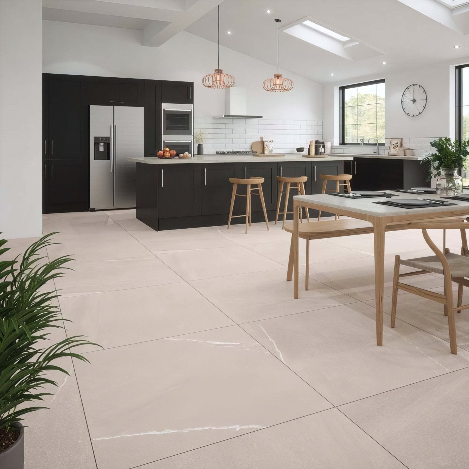 Beige marble-effect eastford mink matt porcelain kitchen floor tiles with subtle veining in a matt finish